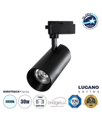 GloboStar® LUGANO 60815 Μονοφασικό Φωτιστικό Σποτ Ράγας LED 30W 3900lm 36° Acrylic HQ LENS AC 220-240V IP20 Φ7.5 x Υ22.7cm Ψυχρό Λευκό 6000K - EUROTRACK® System 1L+1N - Μαύρο - Bridgelux Chip - TÜV Certified Driver - 5 Χρόνια Εγγύηση